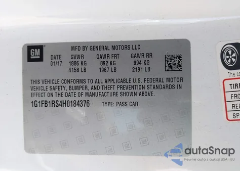 2017 Chevrolet Camaro 1Lt из США, поврежденный, VIN 1G1FB1RS4H0184376